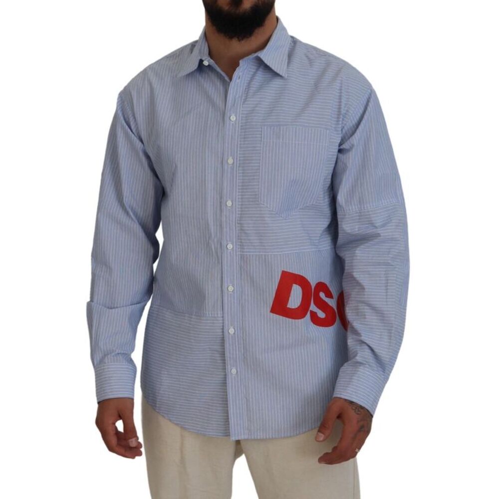 Dsquared² Blue Stripes Logo Print Long Sleeves Formal Men's Shirt